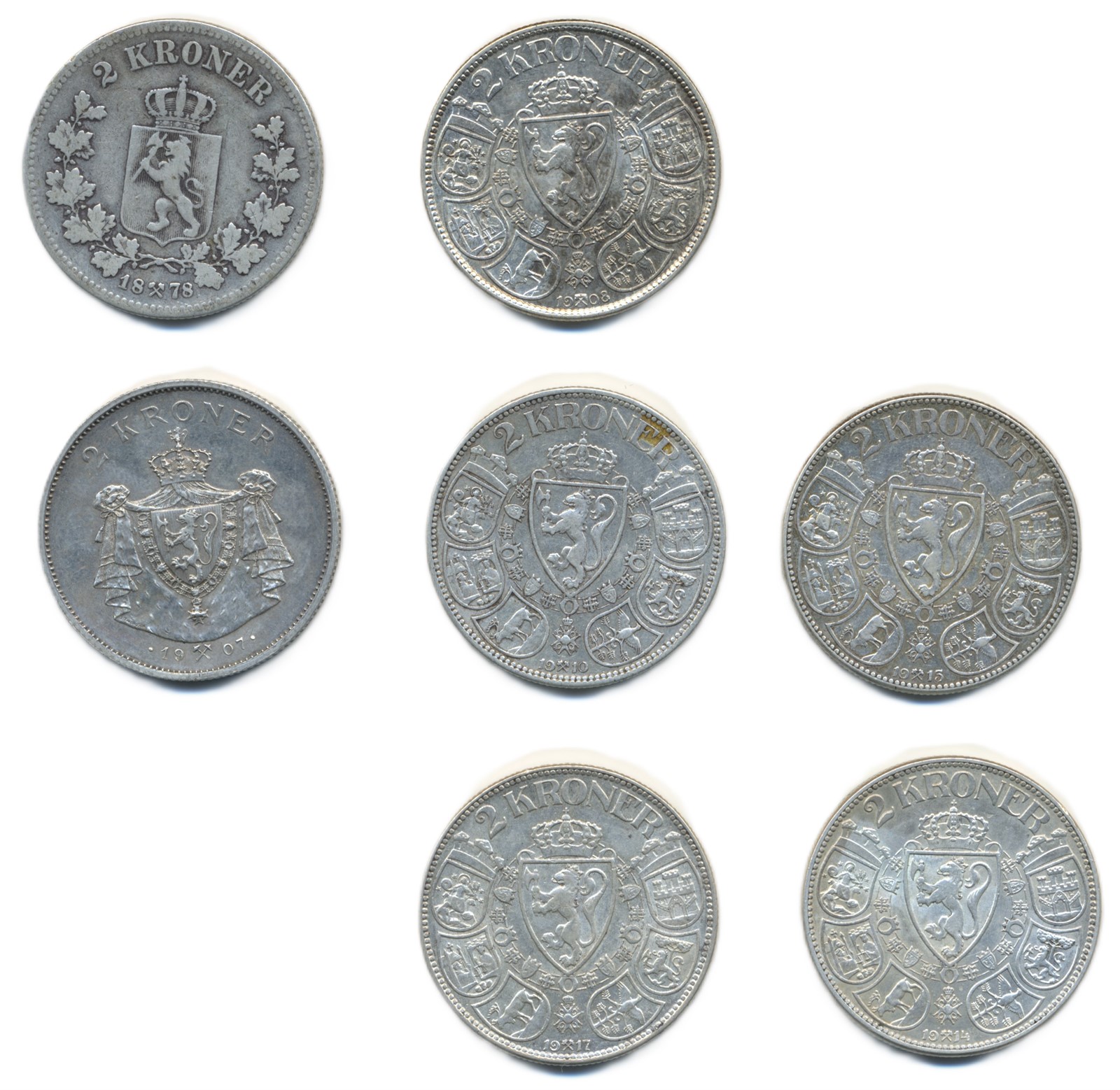 Norge Samling 7 Stk 2 Kroner 1878-1917 VK