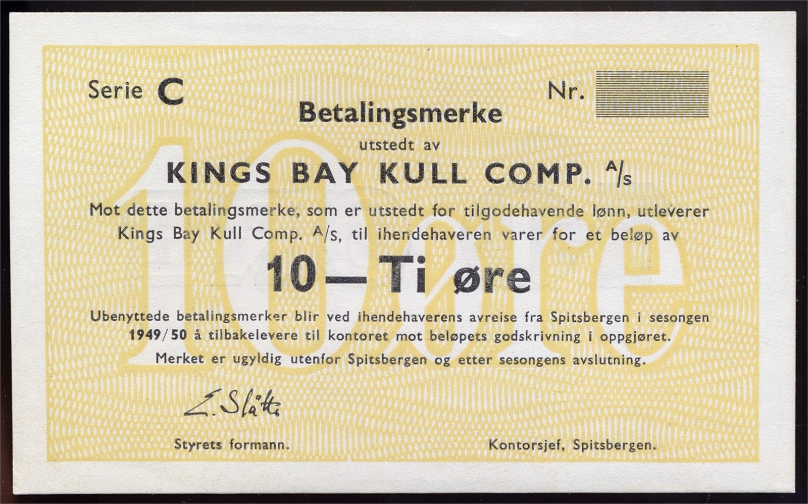 Kings Bay Kull Comp A/S. 10 Øre 1949/50 Serie C. Kv 0/01 (UNC).