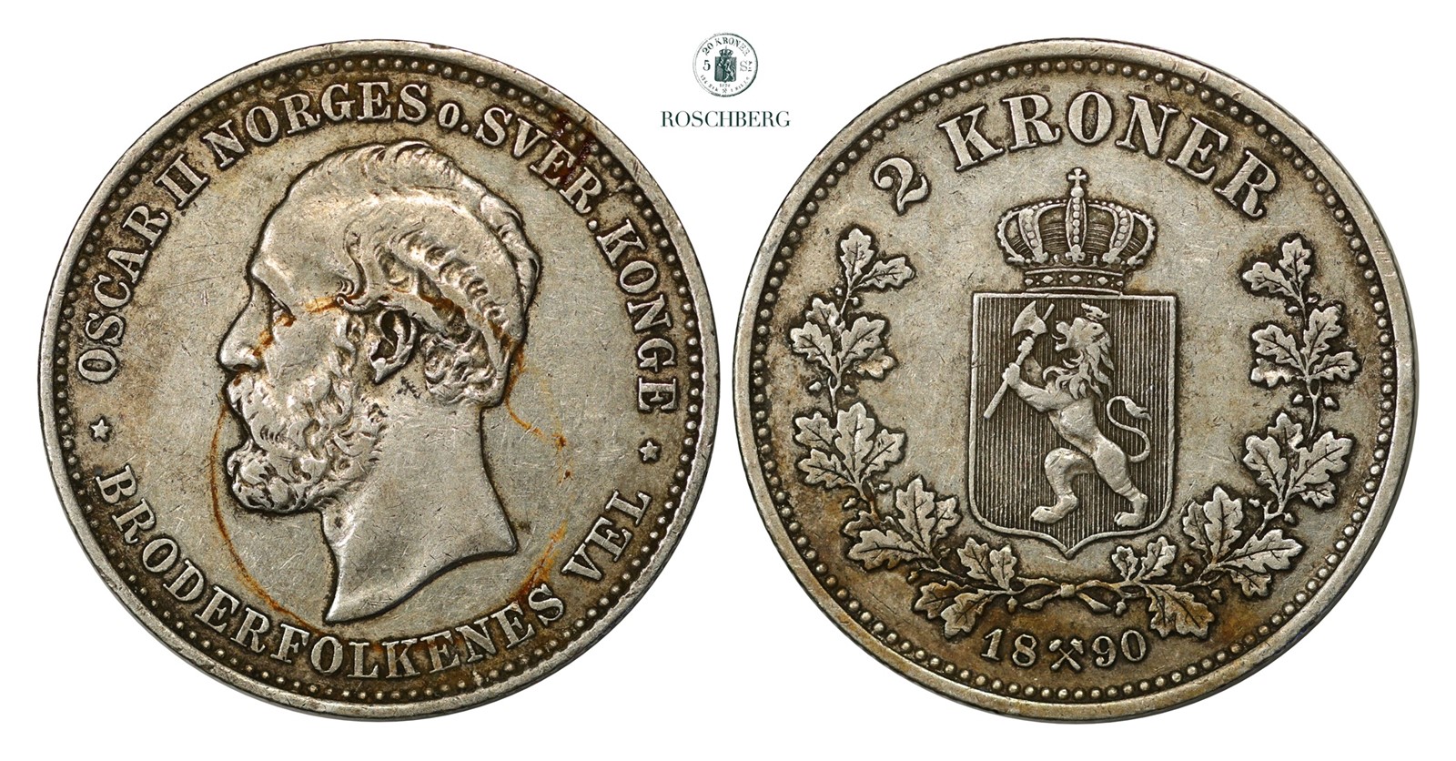 2 Kroner 1890 Kv 1+ (VF)