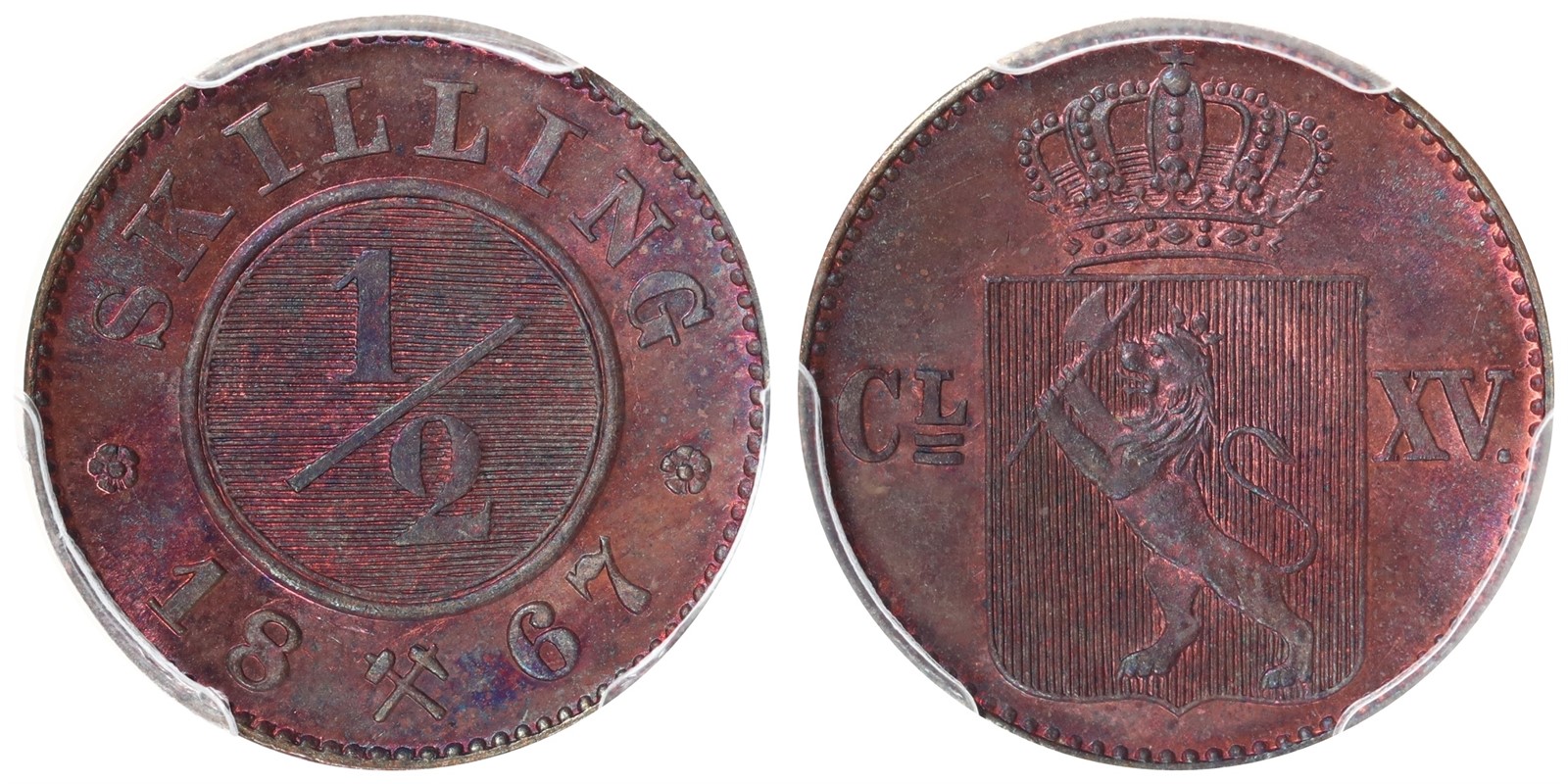 NORWAY. Carl XV. 1/2 Skilling 1867. PCGS MS64BN.