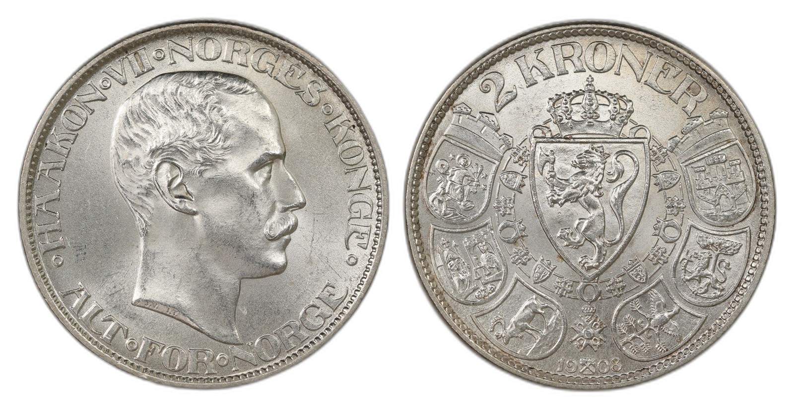 Norway. Haakon VII. 2 Kroner 1908. Kv 0.