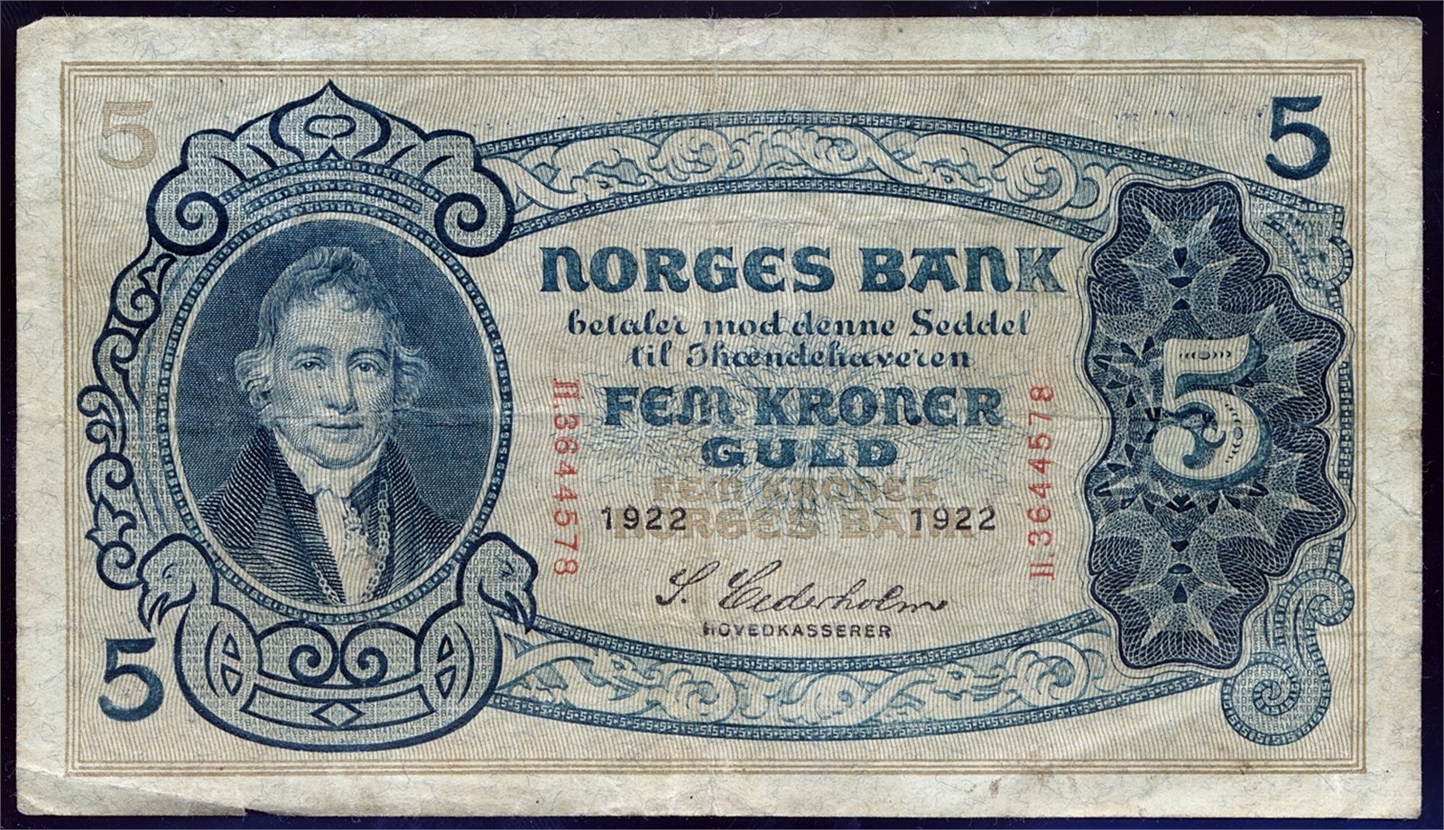 5 Kroner 1922-H. Kv 1- (F).