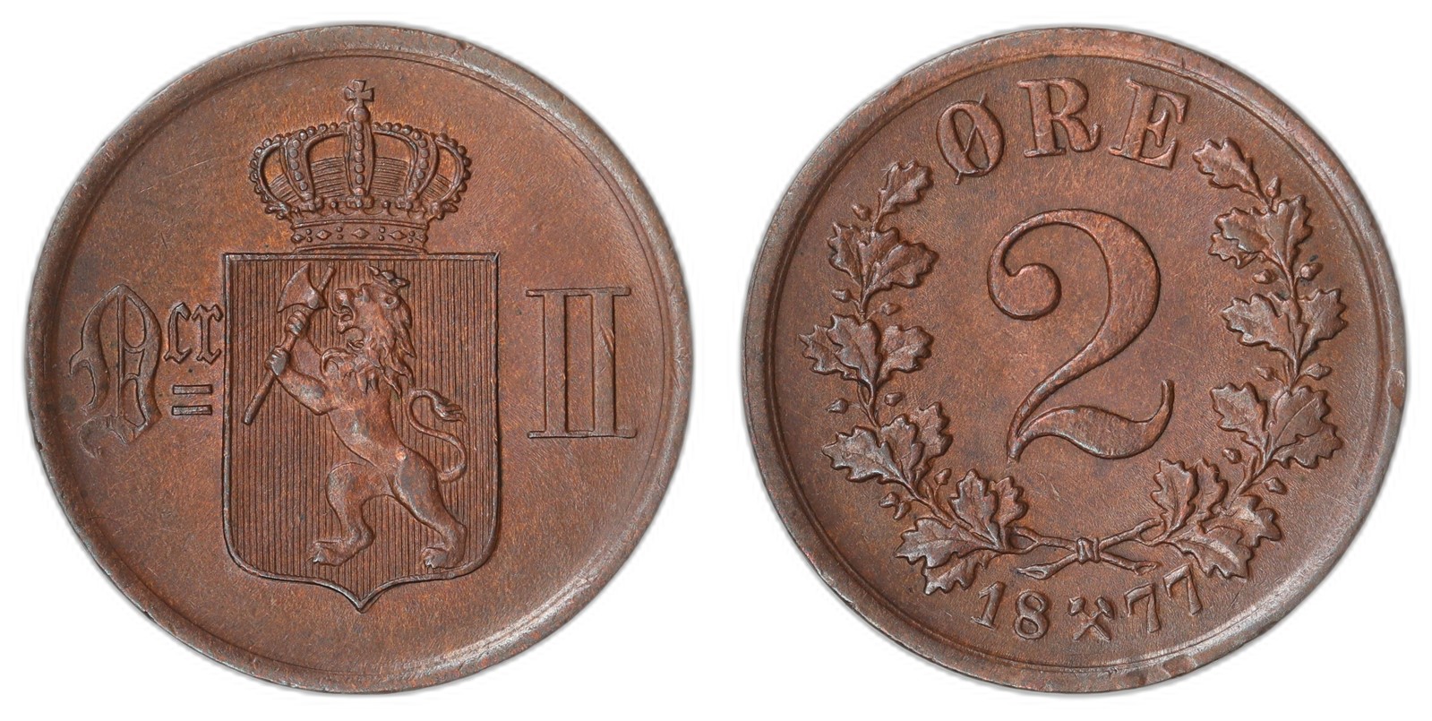 NORWAY. Oscar II. 2 Øre 1877. Kv 0/01 (UNC).