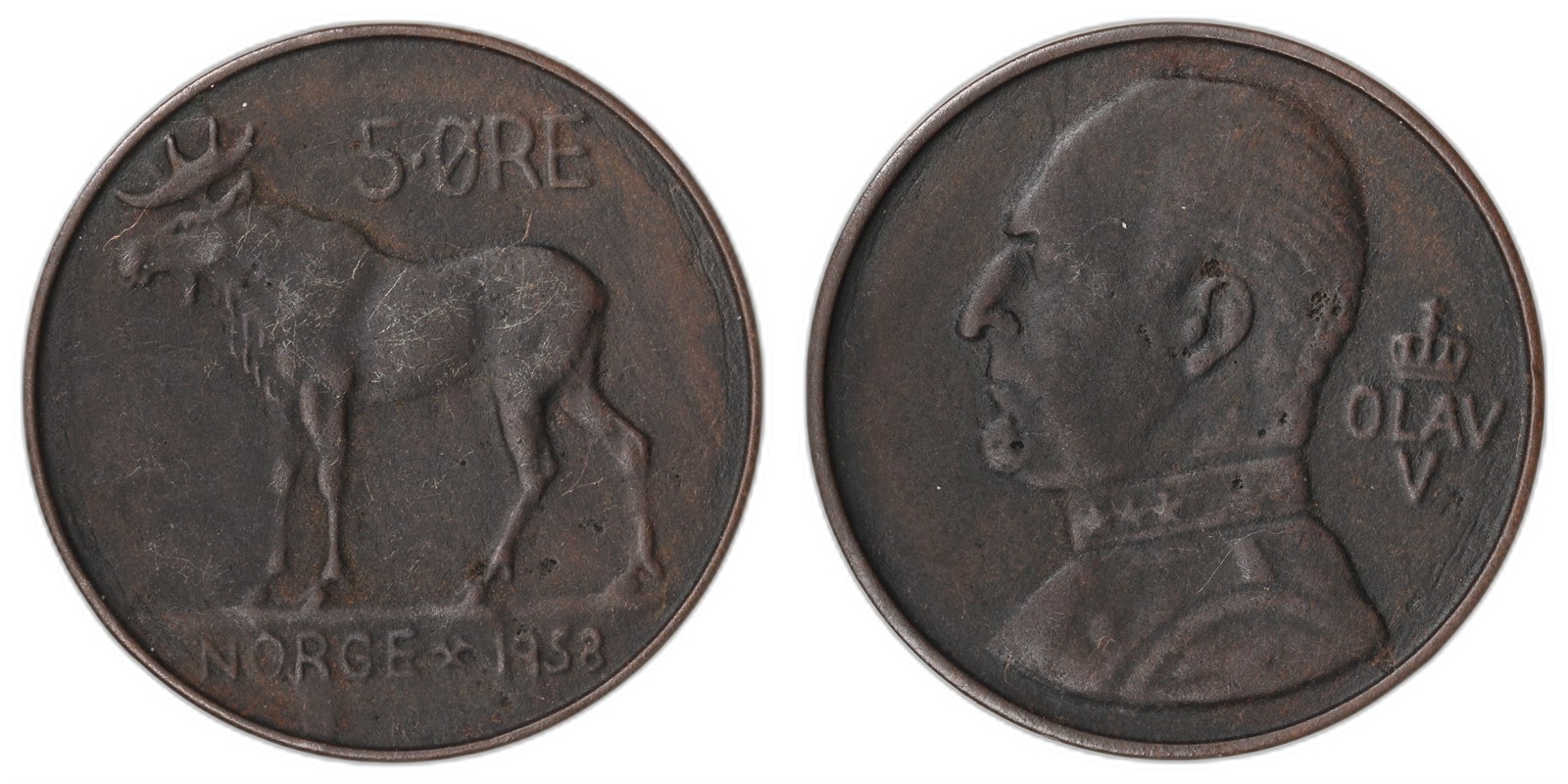 NORWAY. Olav V. 5 Øre 1958. Prøvemynt Generalsuniform. Kv 1+ (XF).