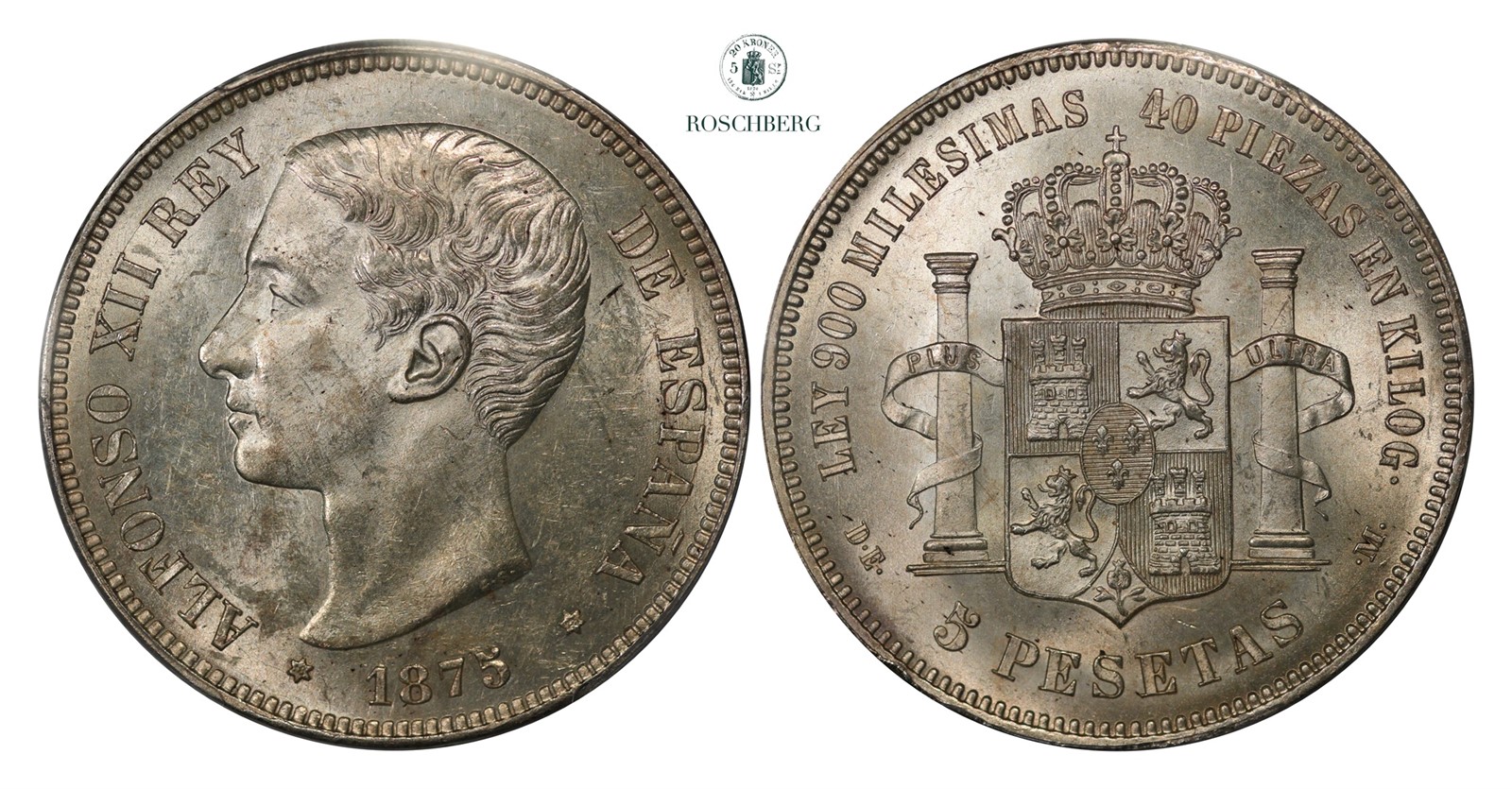 SPAIN. 5 Pesetas 1875-DE M PCGS MS62