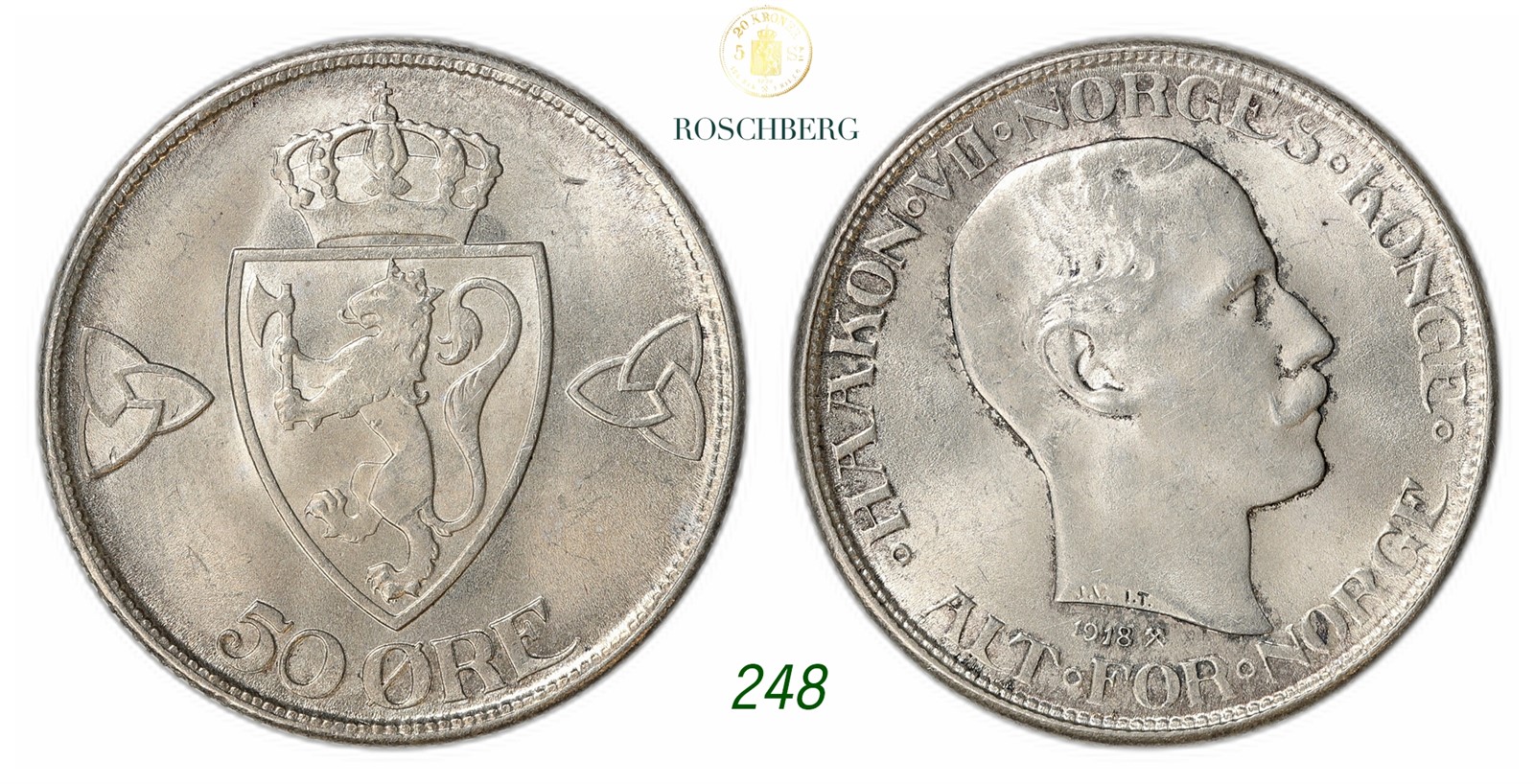 NORWAY. Haakon VII. 50 Øre 1918.