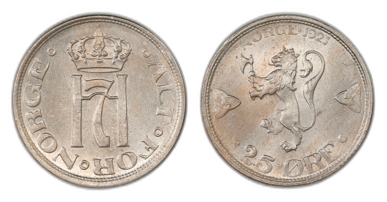 Norway. Haakon VII. 25 Øre 1921- No Hole. Kv 0.
