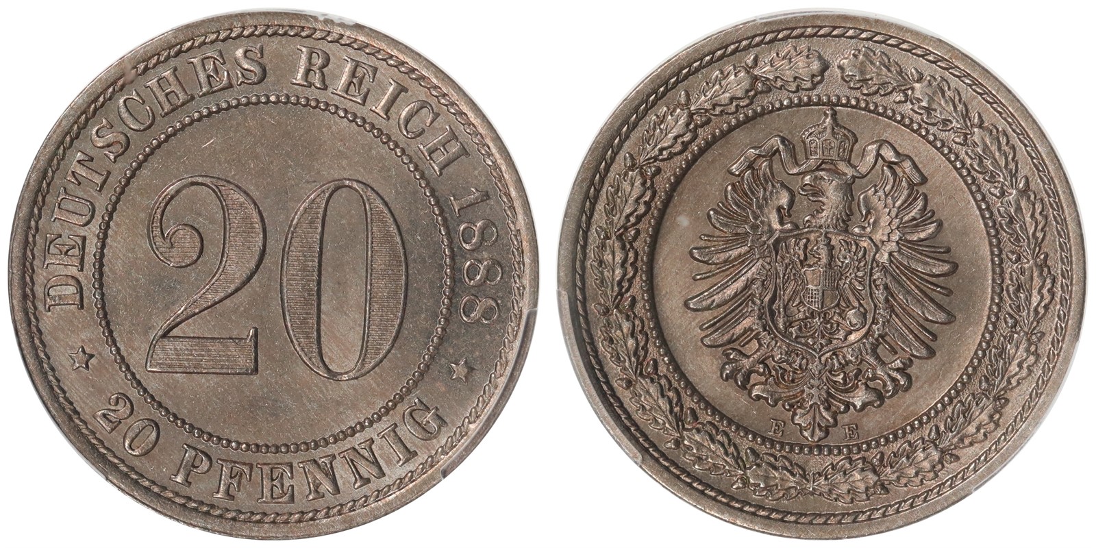 GERMANY, Empire. Wilhelm II. 20 Pfennig. 1888-E. PCGS MS64.