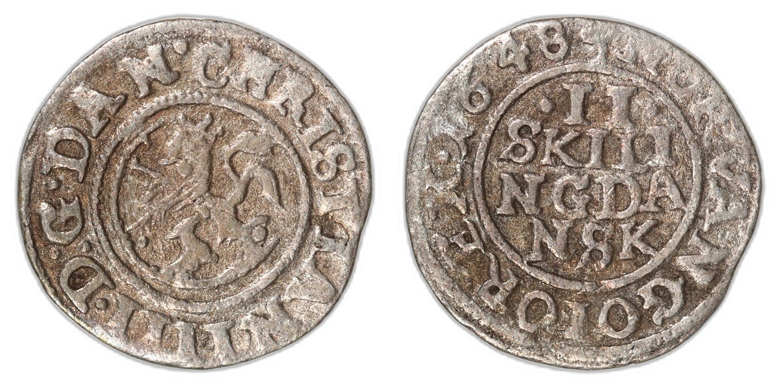 NORWAY. Christian IV. 2 Skilling. 1648. Kv 1 (VF).