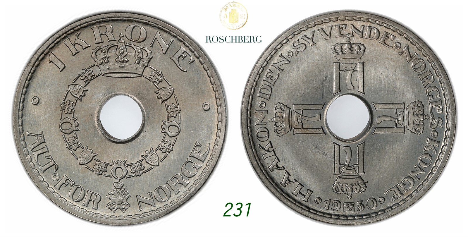 NORWAY. Haakon VII. 1 Krone 1950.