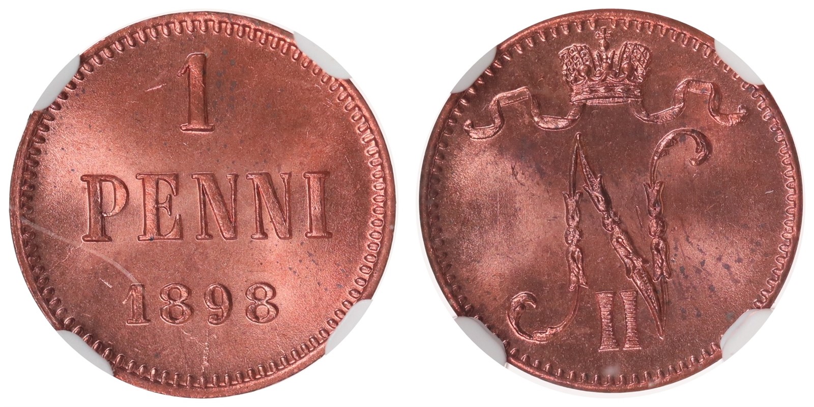 FINLAND. Nicholas II. 1 Penni. 1898. NGC MS64RD.