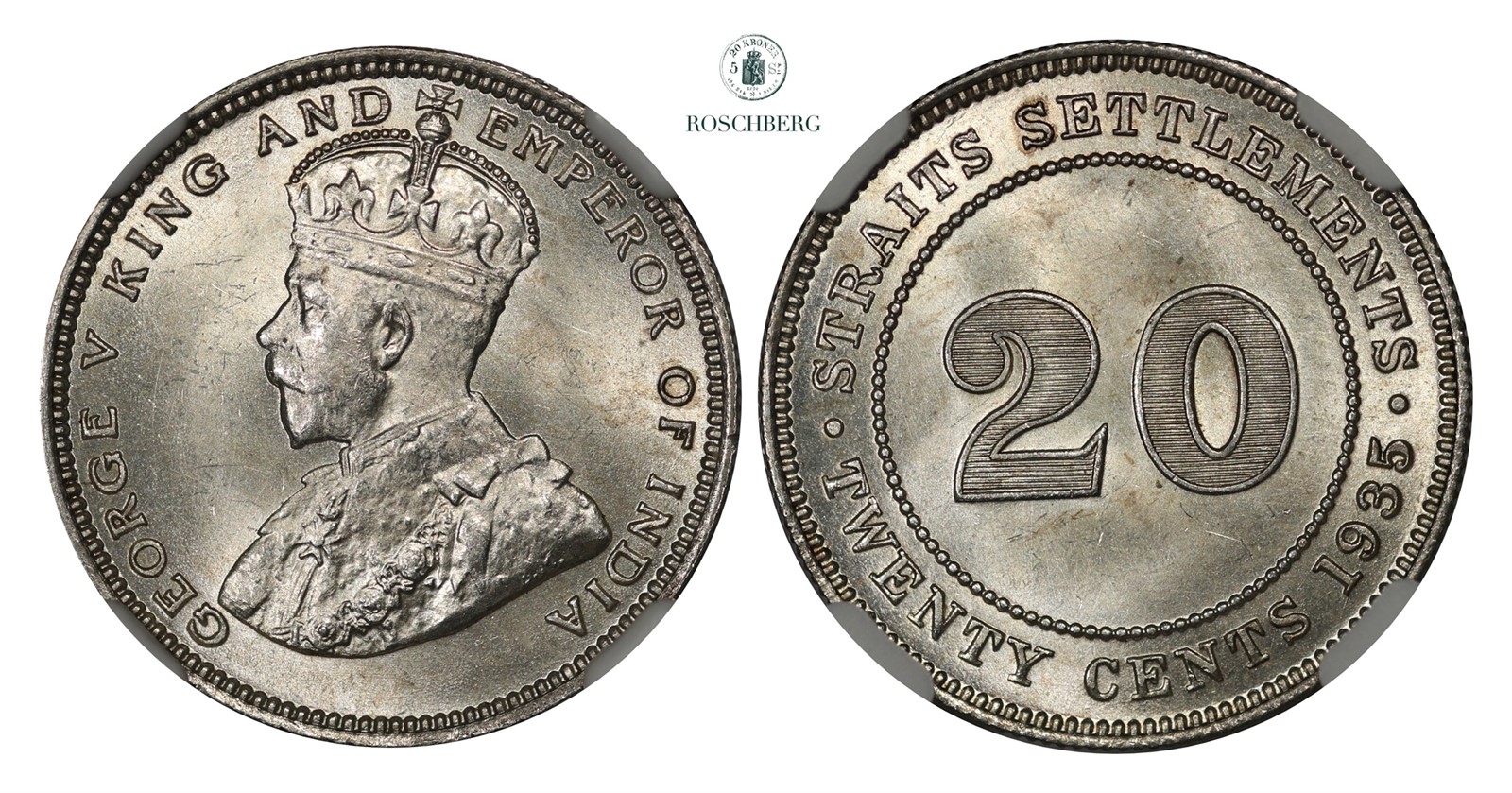 STRAITS SETTLEMENTS. 20 Cent 1935 NGC MS65