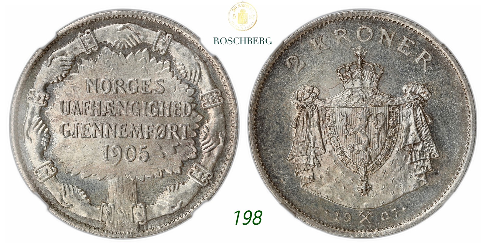 NORWAY. Haakon VII. 2 Kroner 1907.