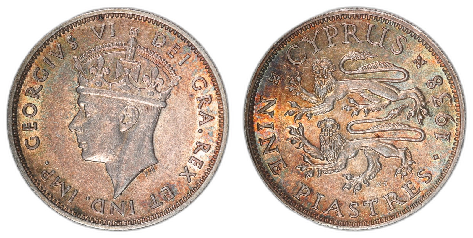 CYPRUS. George VI. 9 Piastres. 1938. AU.
