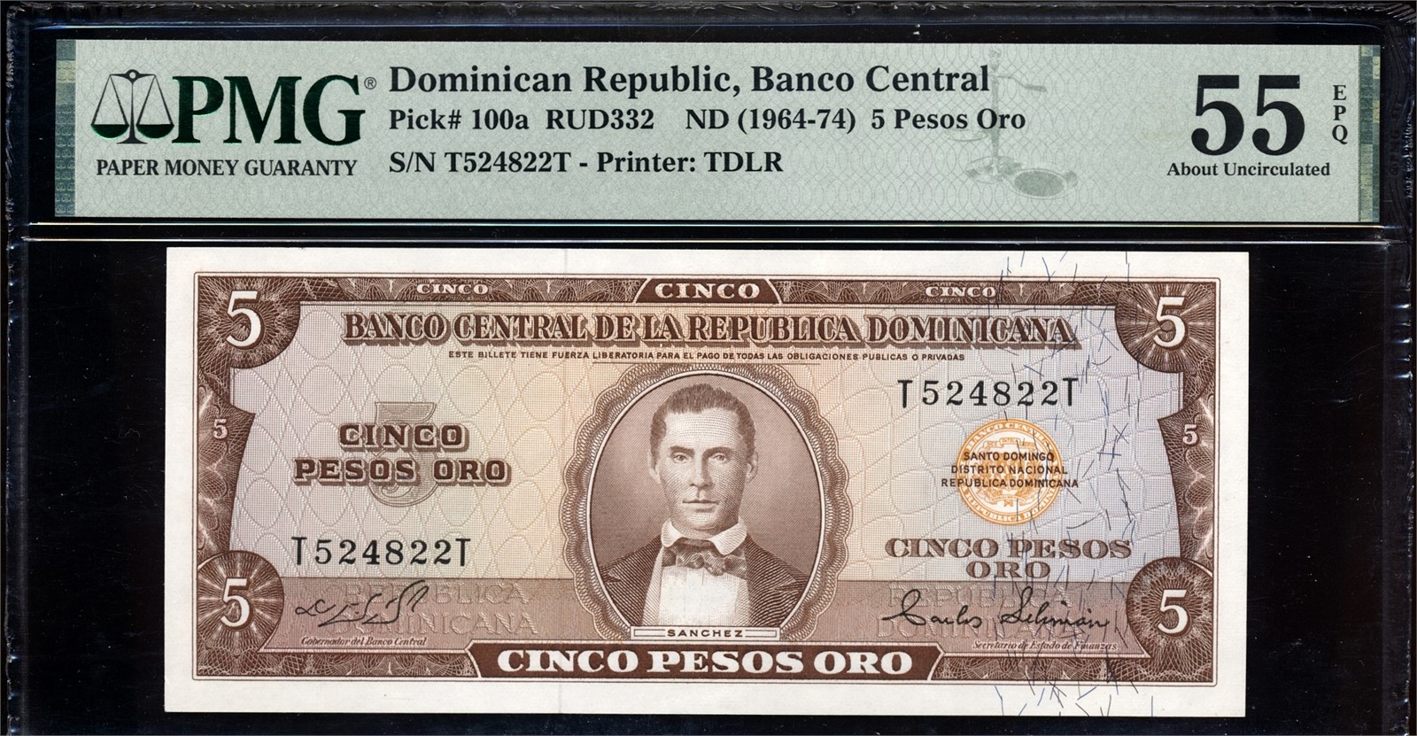 DOMINICAN REPUBLIC. 5 Pesos 1964-74 T524822 PMG 55EPQ