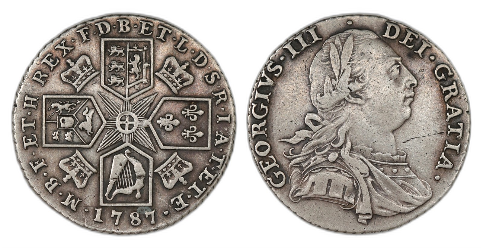 Great Britain. George III. Shilling 1787- Hearts on shield. Kv VF.