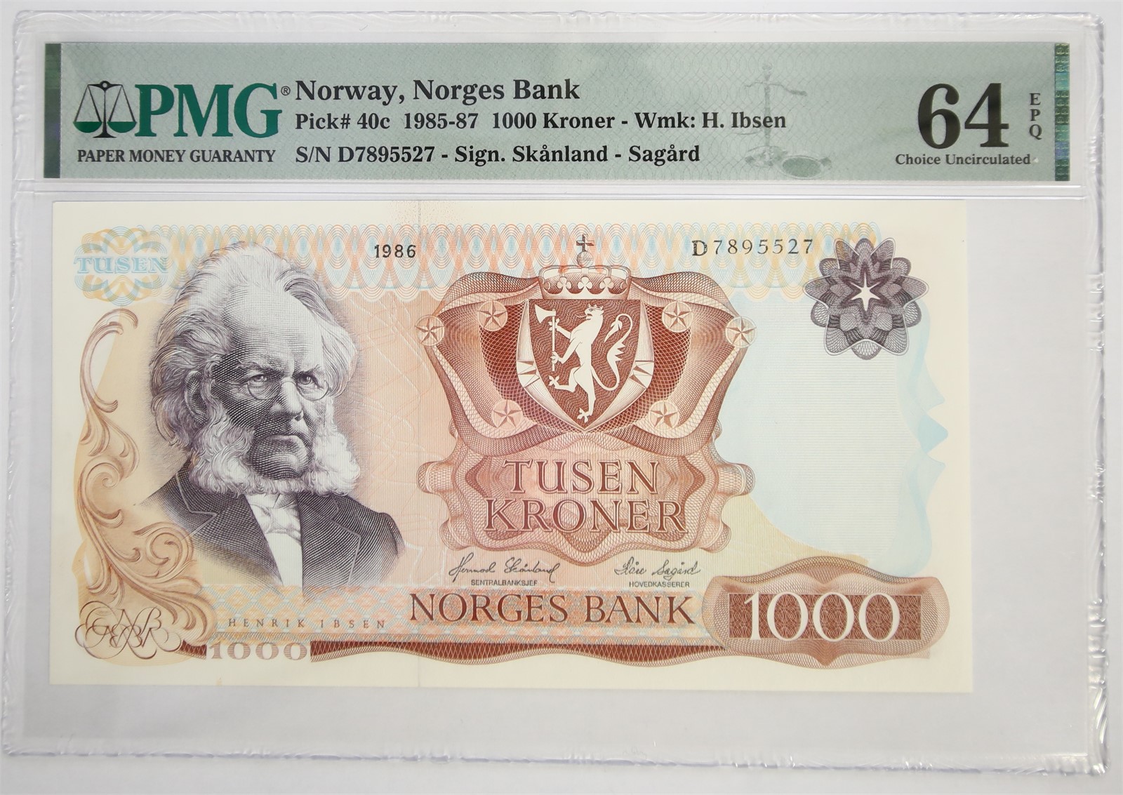 NORWAY. Type 5. 1000 Kroner 1986-D. Kv PMG 64EPQ.