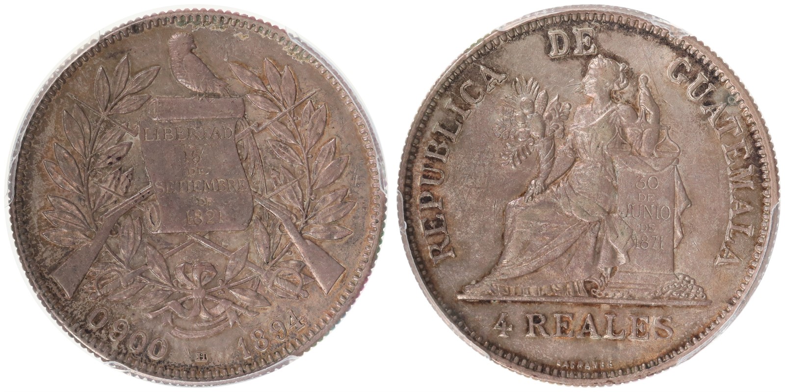 GUATEMALA. Republic. 4 Reales. 1894-H. PCGS AU55.