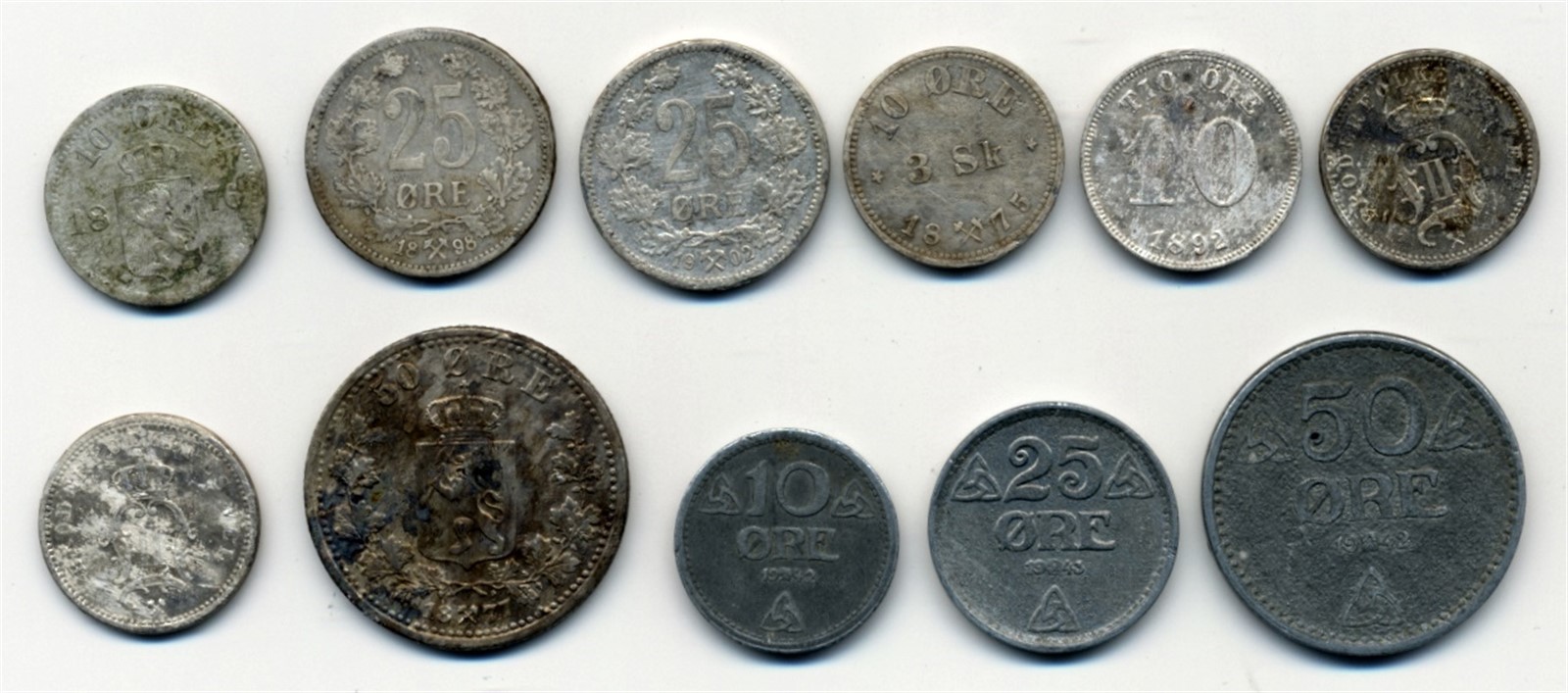 11 Pieces norwegian Øre coins 1875-1943.