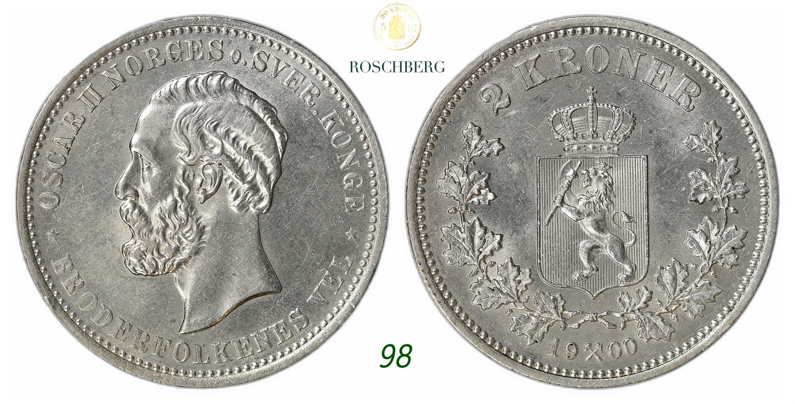 NORWAY. Oscar II. 2 Kroner 1900.