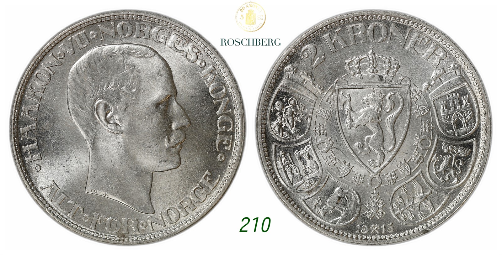 NORWAY. Haakon VII. 2 Kroner 1913.
