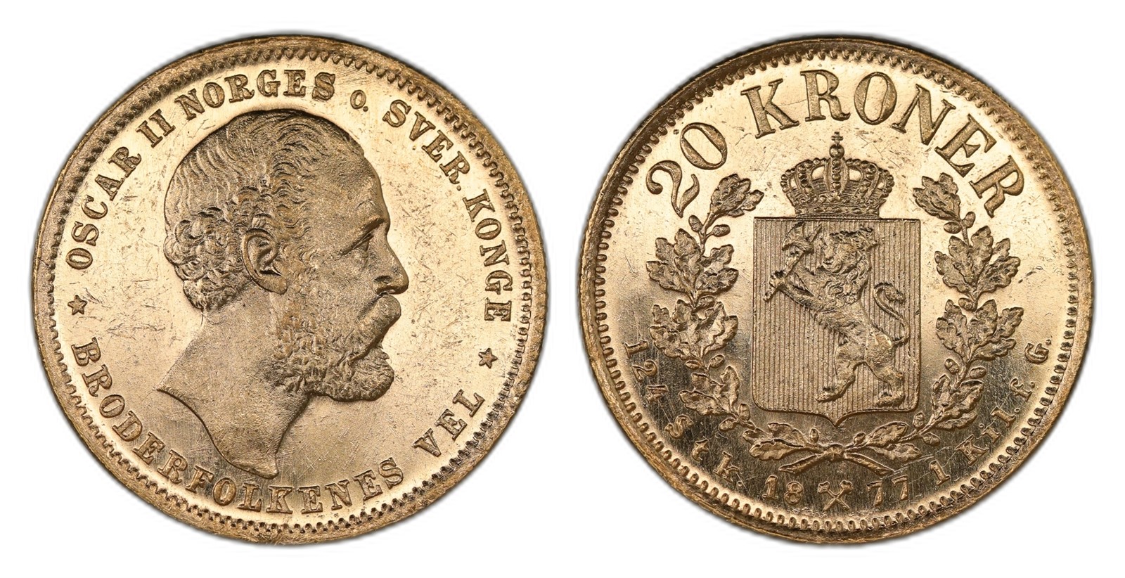 Norway. Oscar II. 20 Kroner Gold 1877. Kv 0/01.