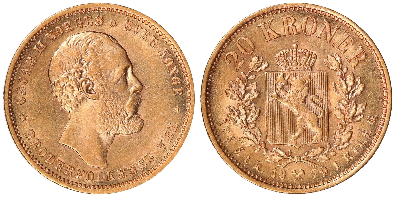 NORWAY. Oscar II. 20 Kroner 1879. Kv 01 (UNC).