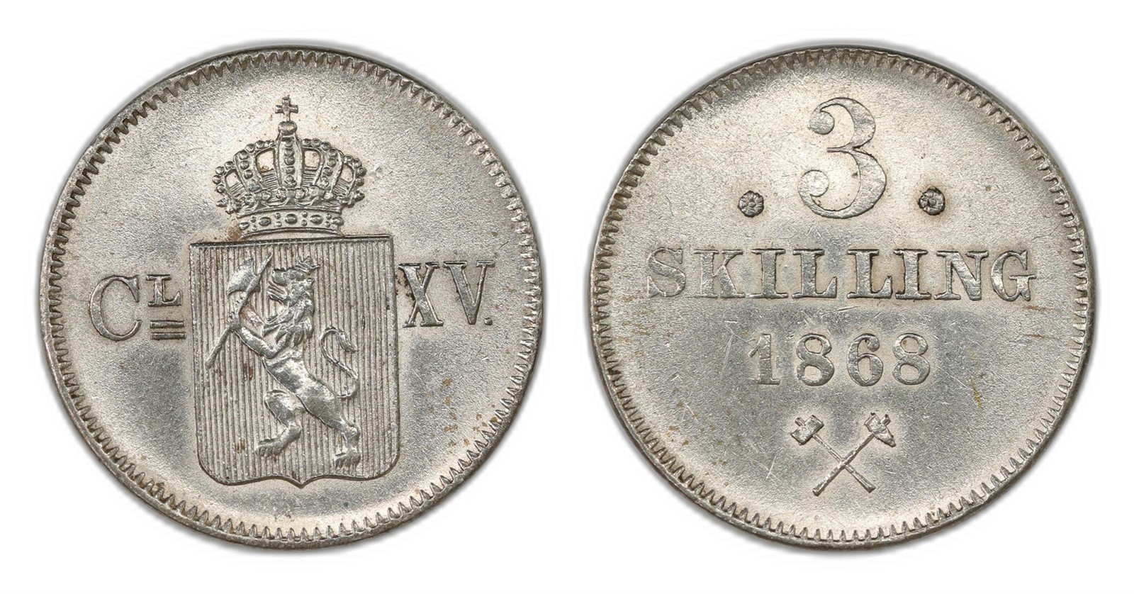 Norway. Carl Xv. 3 Skilling 1868. Kv 0/01.