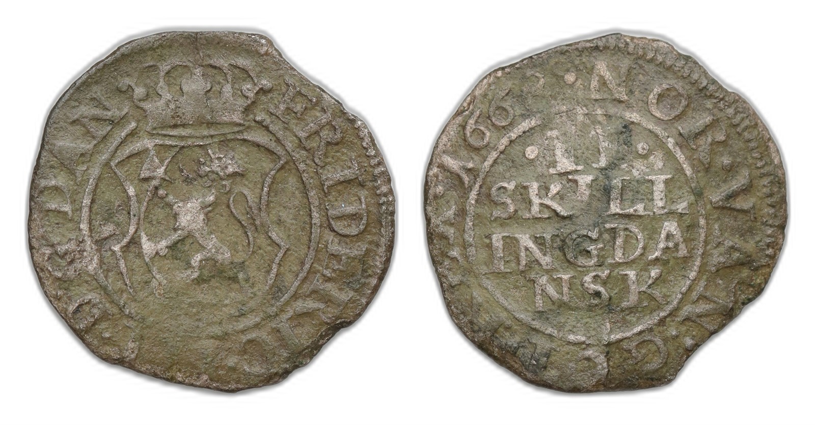 Norway. Frederik III. 2 Skilling 1668. Kv 1.