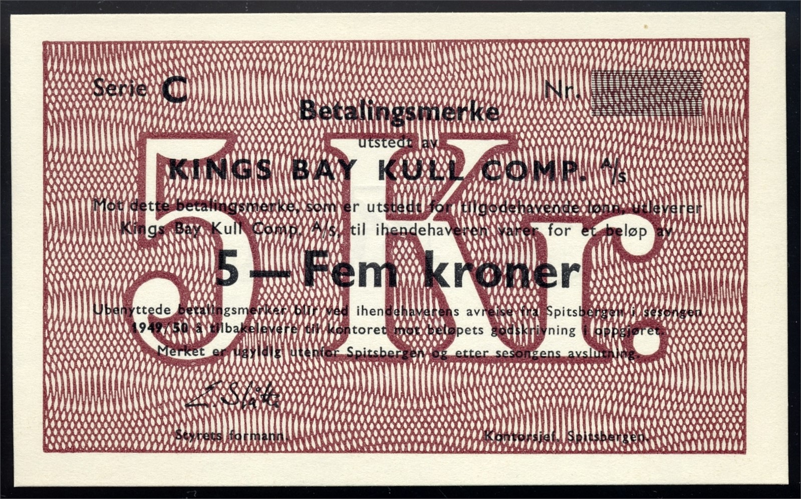 KINGS BAY. 5 Kroner 1949/50 Blankett/remainder Kv 0- (UNC)