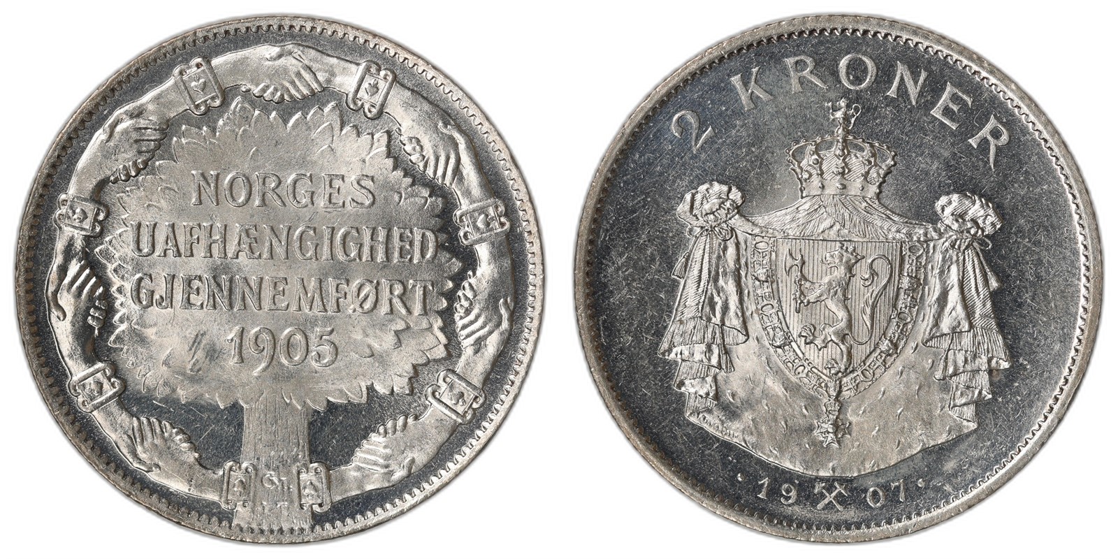 NORWAY. Haakon VII. 2 Kroner 1907. Kv 0 (UNC).