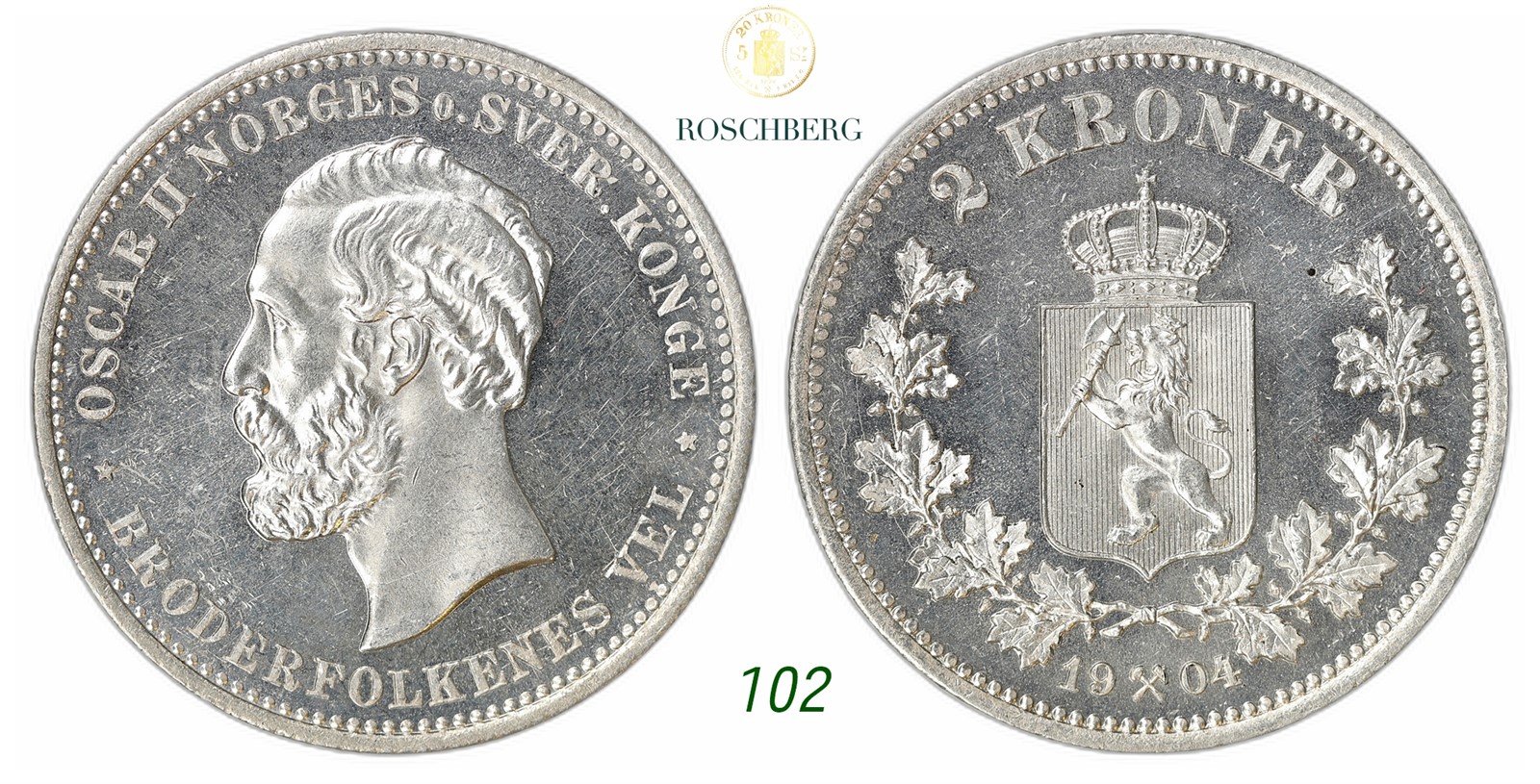NORWAY. Oscar II. 2 Kroner 1904.