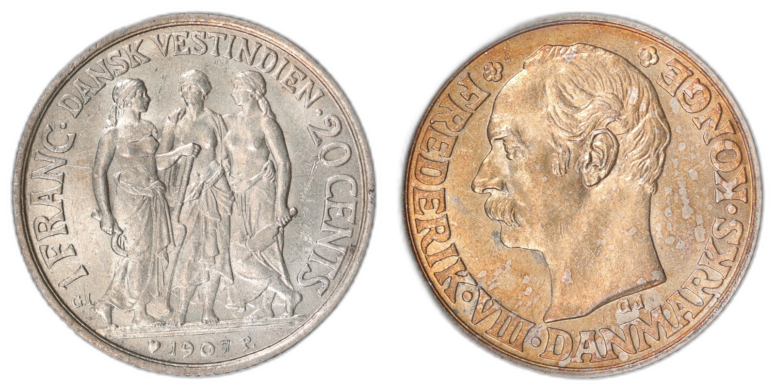 DANISH WEST INDIES. Frederik VIII. 20 Cents. 1907-P. AU.
