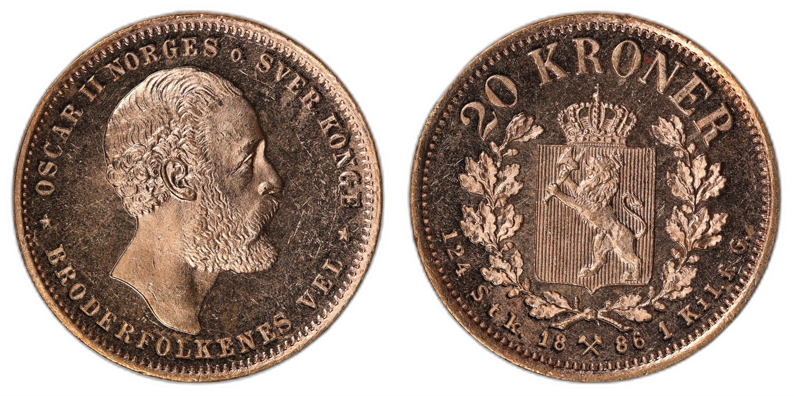 NORWAY. Oscar II. 20 Kroner 1886. Kv 0/01 (UNC).