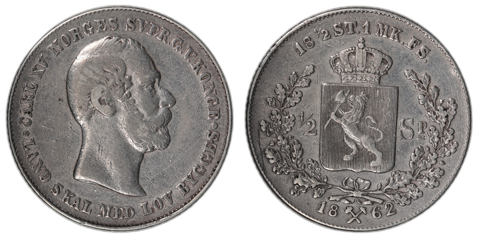 NORWAY. Carl XV. 1/2 Speciedaler 1862. Kv 1/1+ (VF).