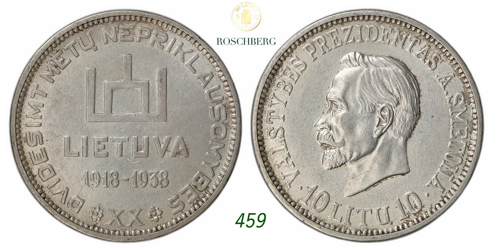 LITHUANIA. Republic. 10 Litu 1938.