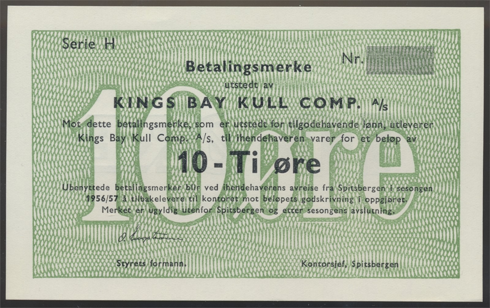 Kings Bay Kull Comp A/S. 10 Øre 1956/57 Serie H. Kv 0- (UNC).