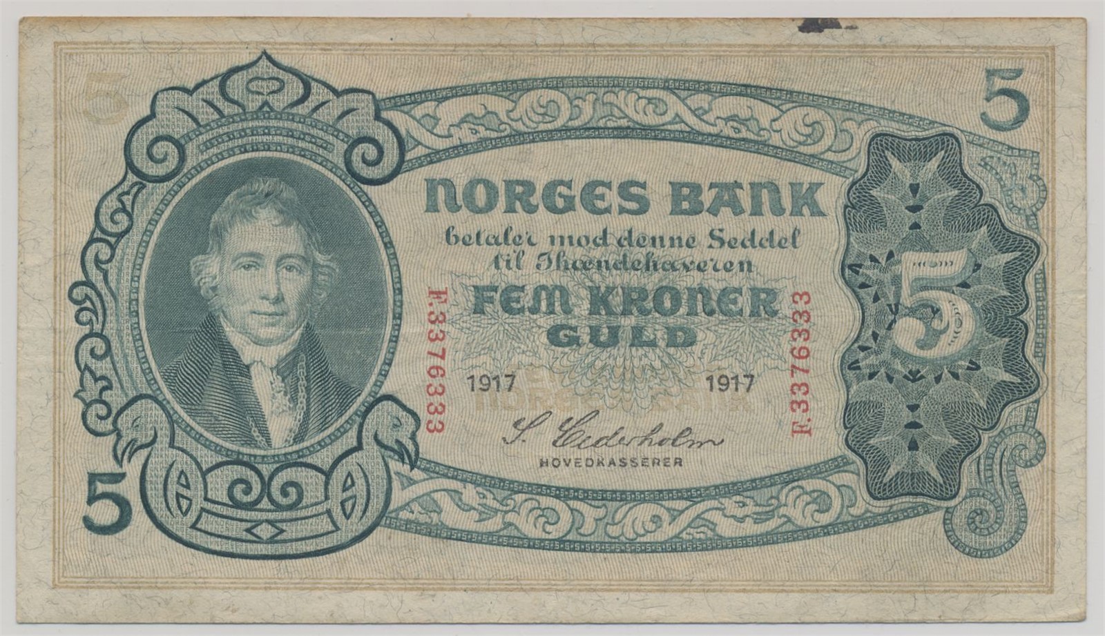 5 Kroner 1917 F Kv 1/1+ (gVF)