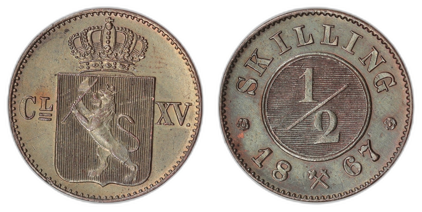 NORWAY. Carl XV. 1/2 Skilling. 1867. Kv 01 (AU).