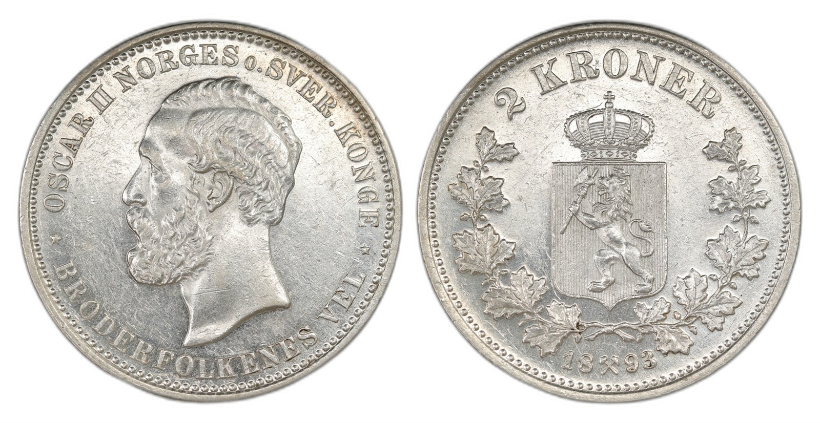 Norway. Oscar II. 2 Kroner 1893. Kv 0/01.