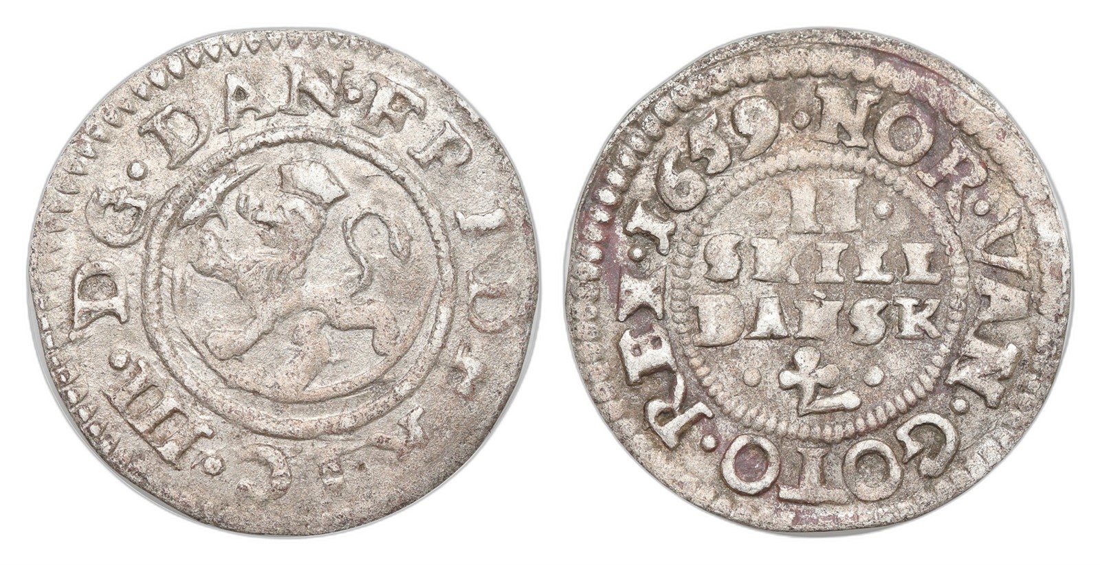 Norway. Frederik III. 2 Skilling 1659. Kv 1/1+.