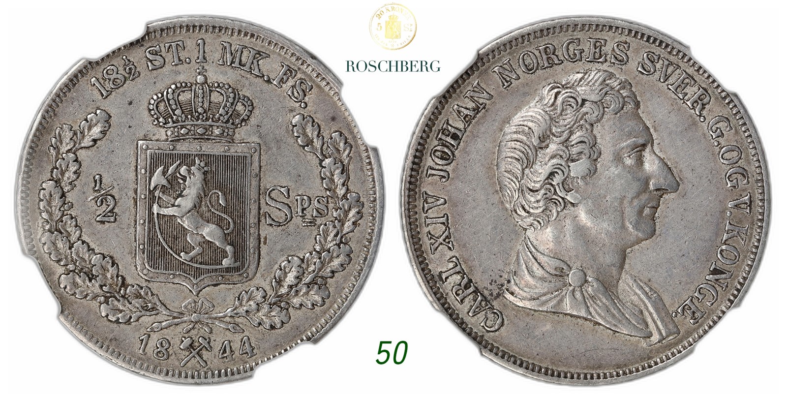 NORWAY. Carl XIV Johan. 1/2 Speciedaler 1844.