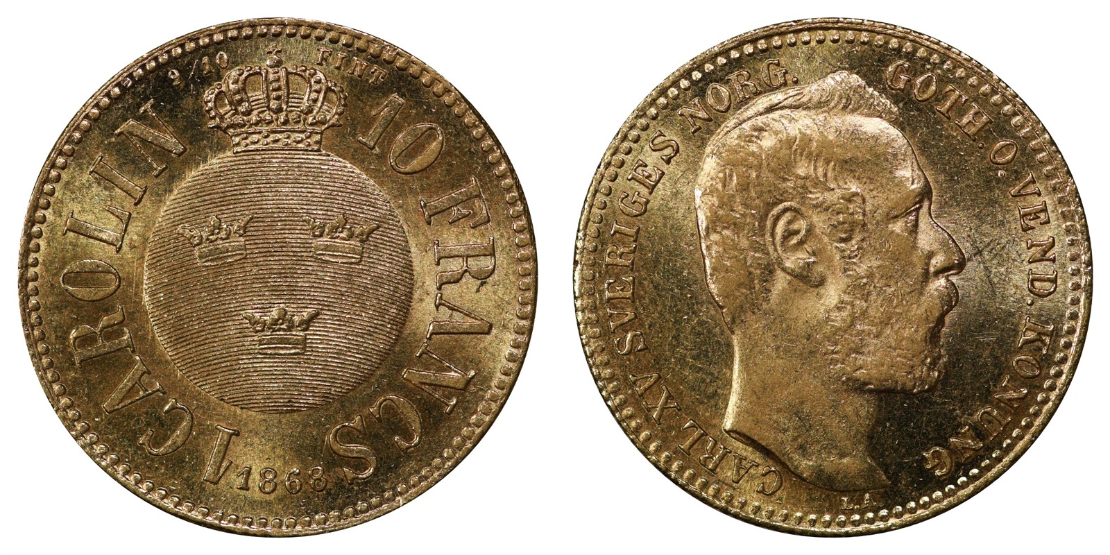 Sweden - Carl XV - Carolin/ Francs 1868 UNC *