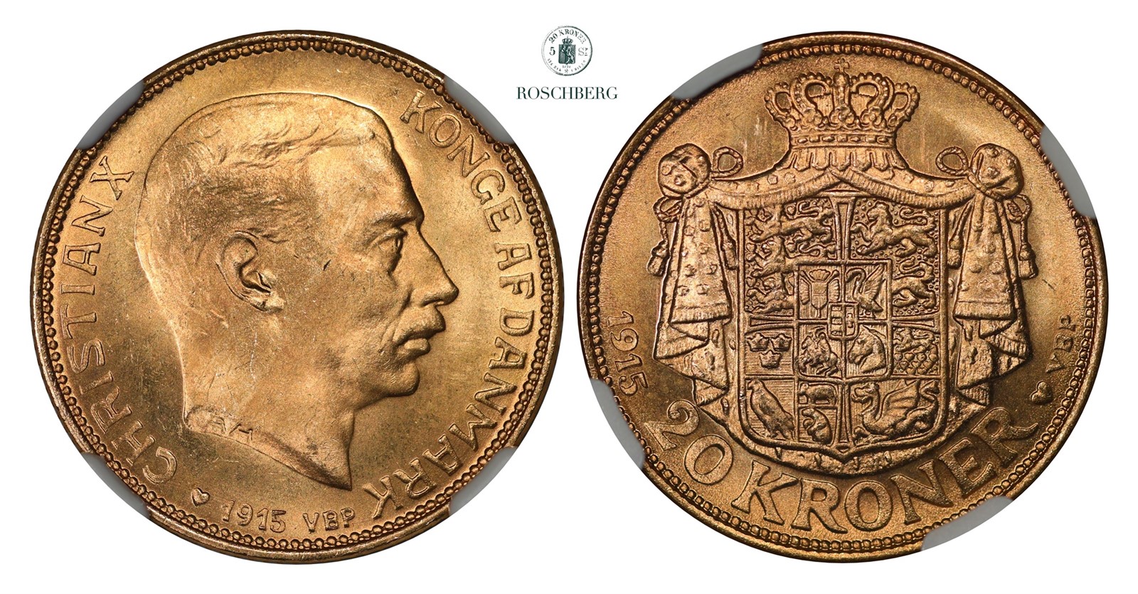 DENMARK. 20 Kroner 1915 NGC MS66+