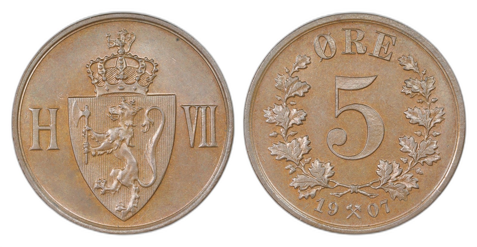 Norway. Haakon VII. 5 Øre 1907. Kv PRAKTEX.