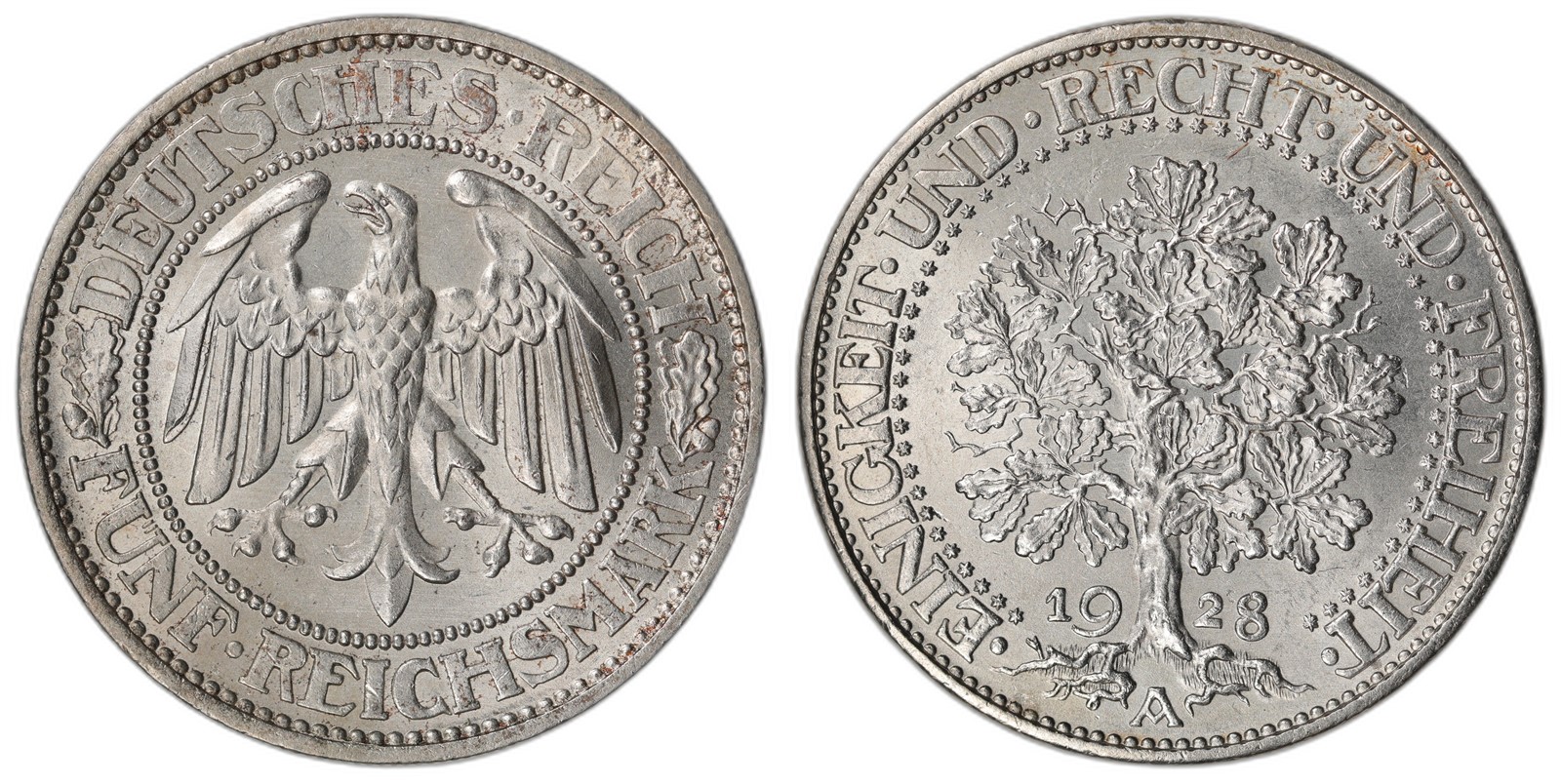 GERMANY. Republic. 5 Mark. 1928-A. UNC.
