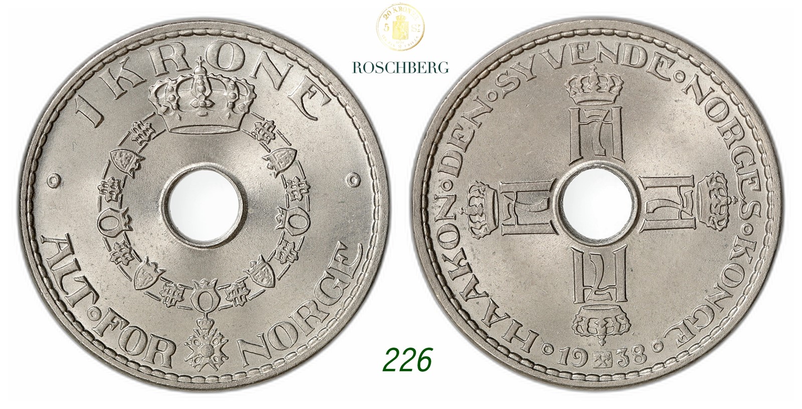 NORWAY. Haakon VII. 1 Krone 1938.
