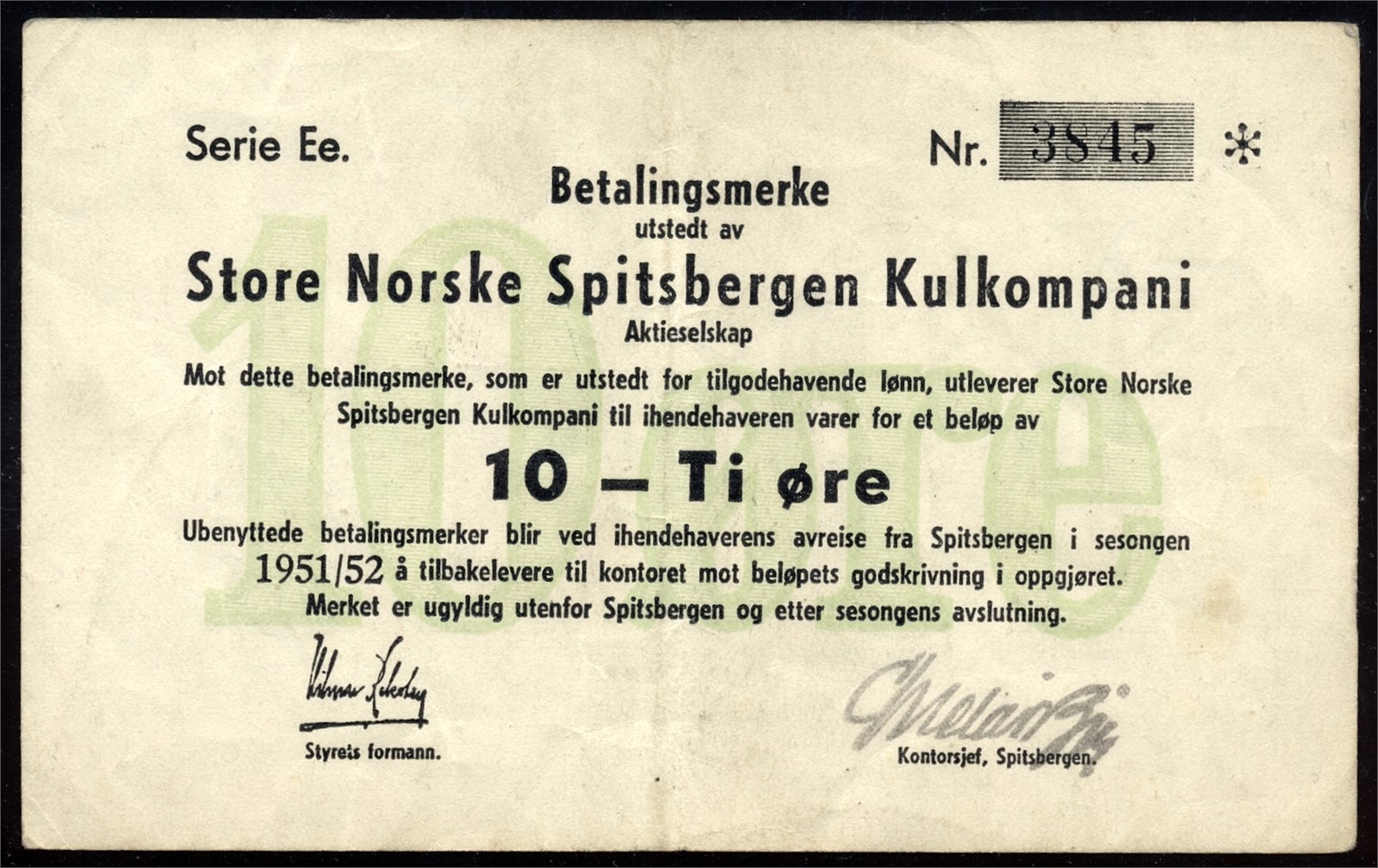 Store Norske Spitsbergen Kullkompani 10 Øre 1951/52 Ee 3845 Kv 1/1+ (VF)