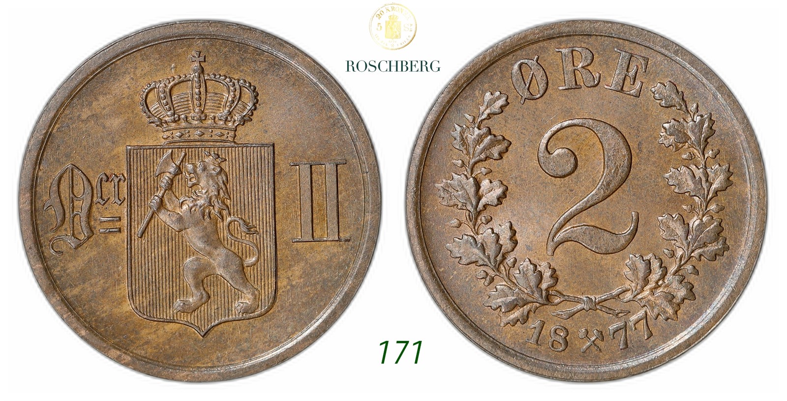 NORWAY. Oscar II. 2 Øre 1877.