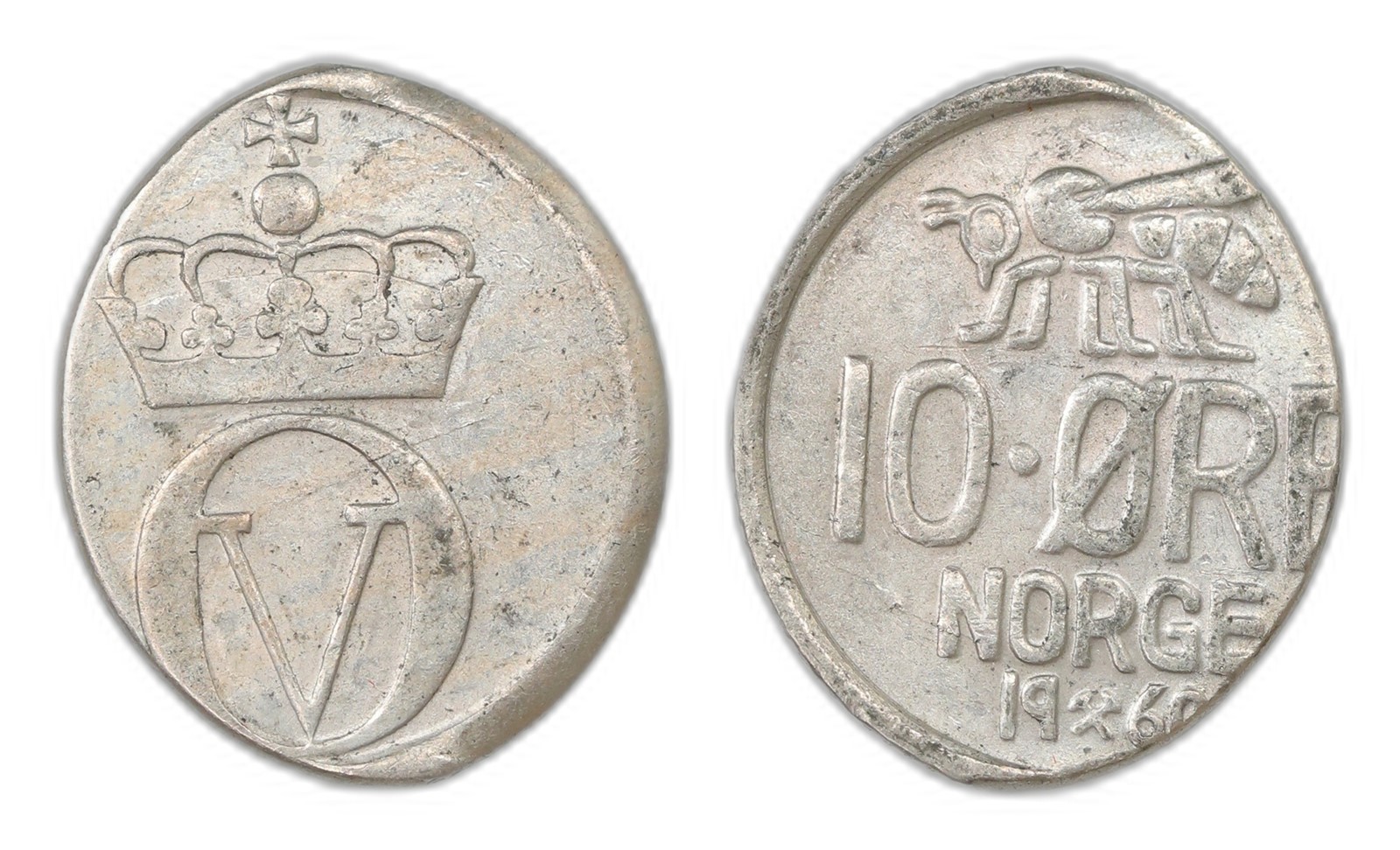 Norway. Olav V. 10 Øre 1960 struck on defective planchet. Kv 01.
